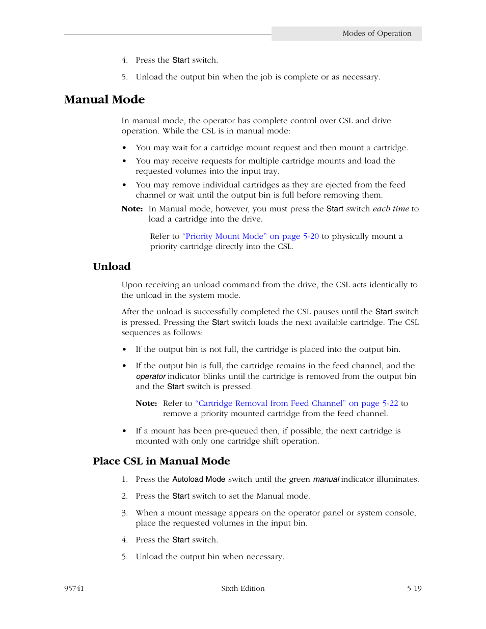 Manual mode, Unload, Place csl in manual mode | Manual mode -19, Unload -19 place csl in manual mode -19 | StorageTek 9840 User Manual | Page 135 / 250