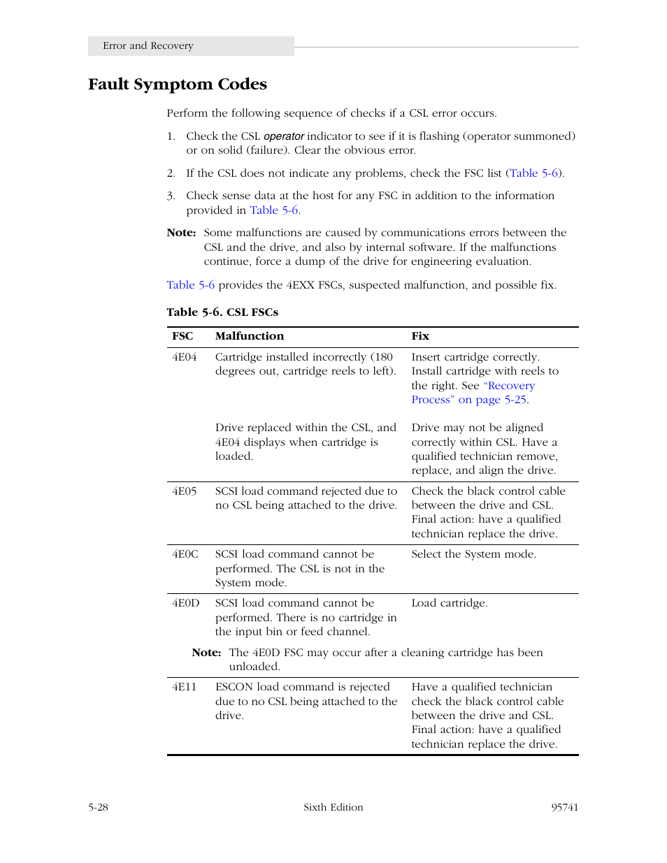 Fault symptom codes, Fault symptom codes -28, Table 5-6. csl fscs -28 | StorageTek 9840 User Manual | Page 144 / 250