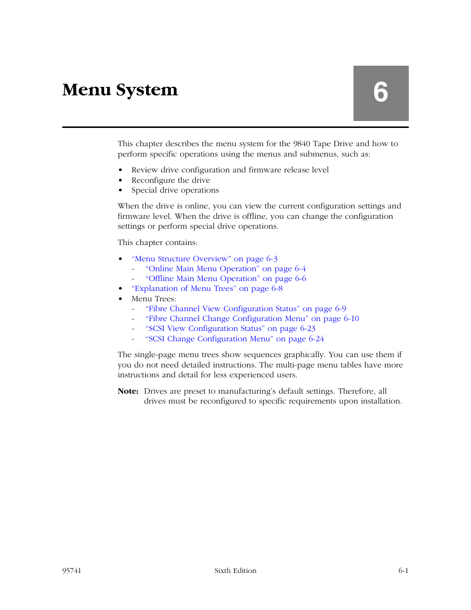 Menu system, Menu system -1, Chapter 6 | Chapter 6, “menu system, R to | StorageTek 9840 User Manual | Page 157 / 250