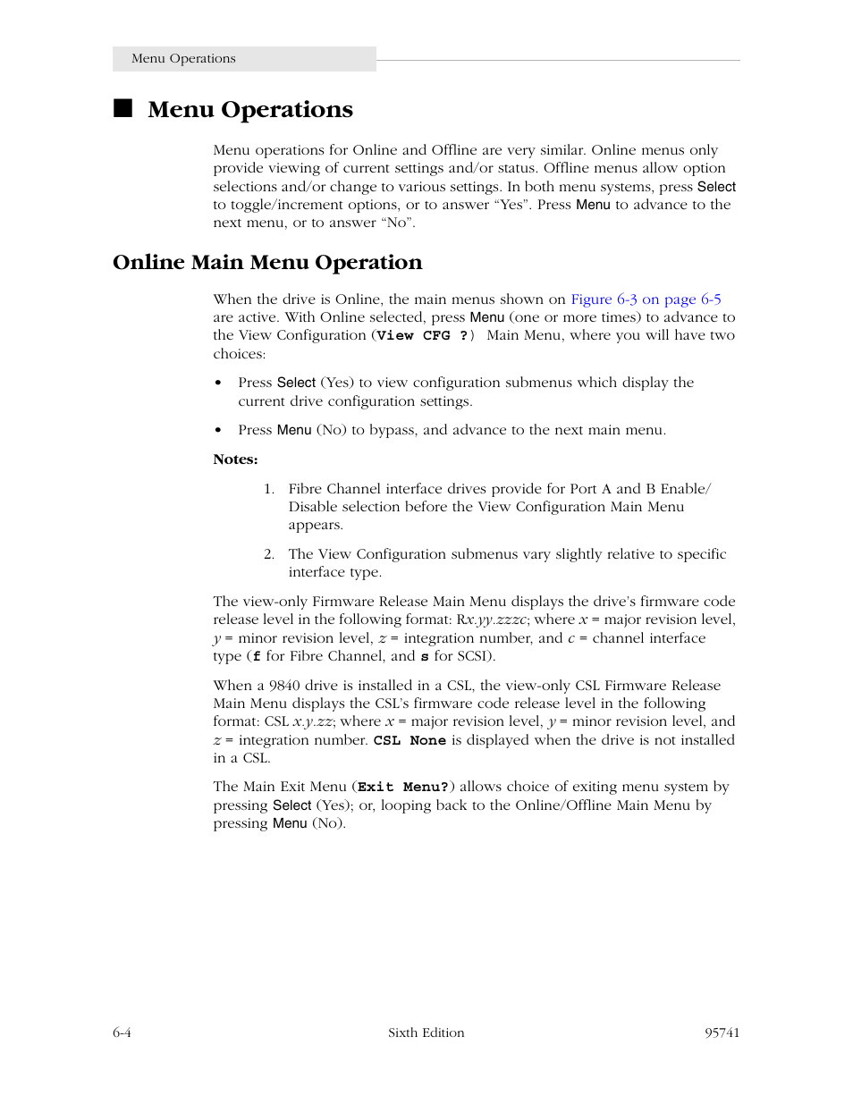 Menu operations, Online main menu operation, Menu operations -4 | Online main menu operation -4 | StorageTek 9840 User Manual | Page 160 / 250