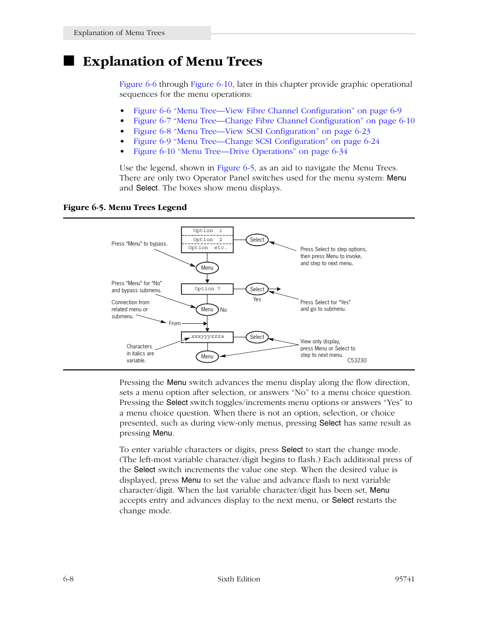 Explanation of menu trees, Explanation of menu trees -8, Figure 6-5. menu trees legend -8 | StorageTek 9840 User Manual | Page 164 / 250