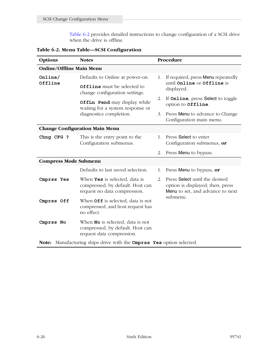 Table 6-2. menu table—scsi configuration -26 | StorageTek 9840 User Manual | Page 182 / 250