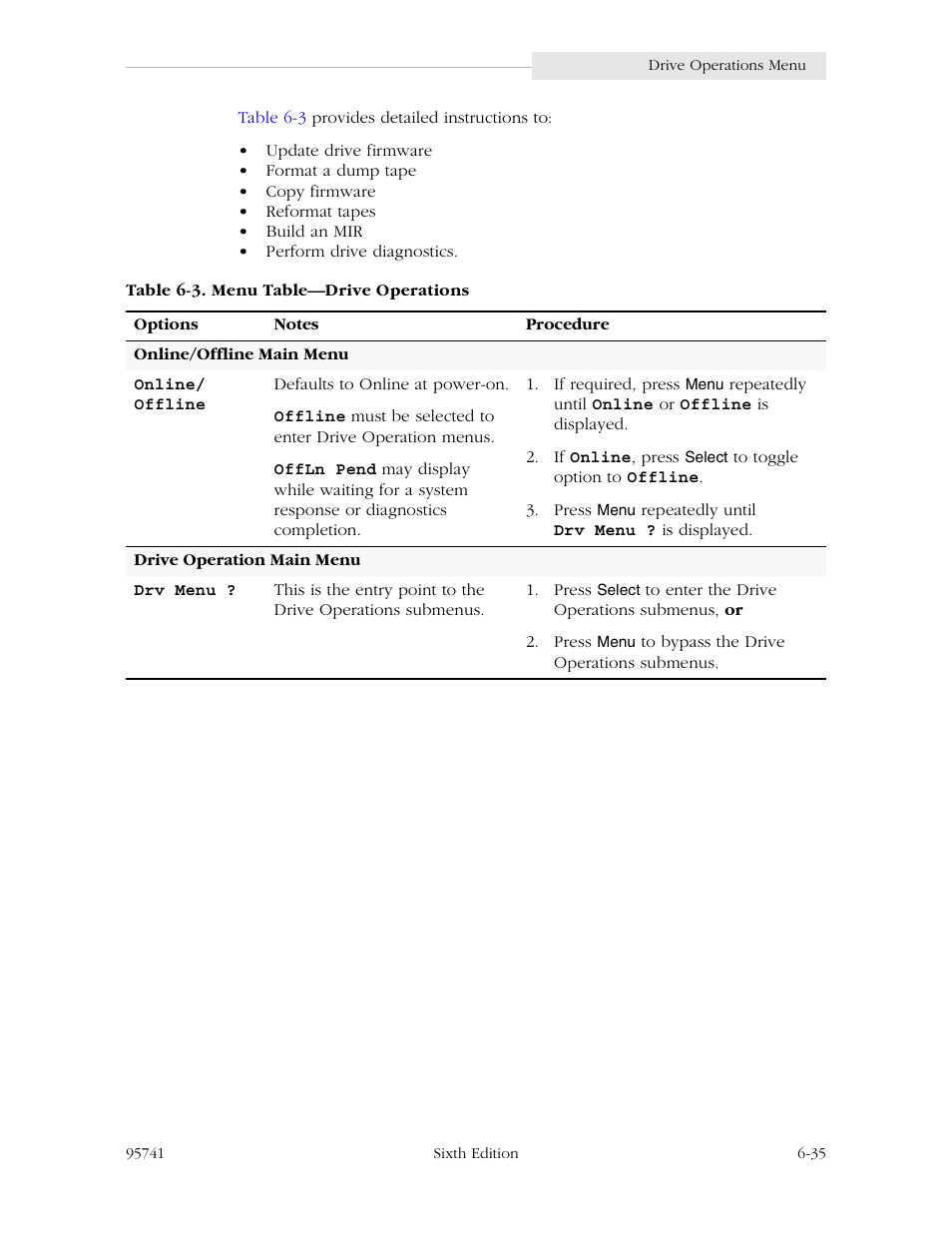 Table 6-3. menu table—drive operations -35 | StorageTek 9840 User Manual | Page 191 / 250