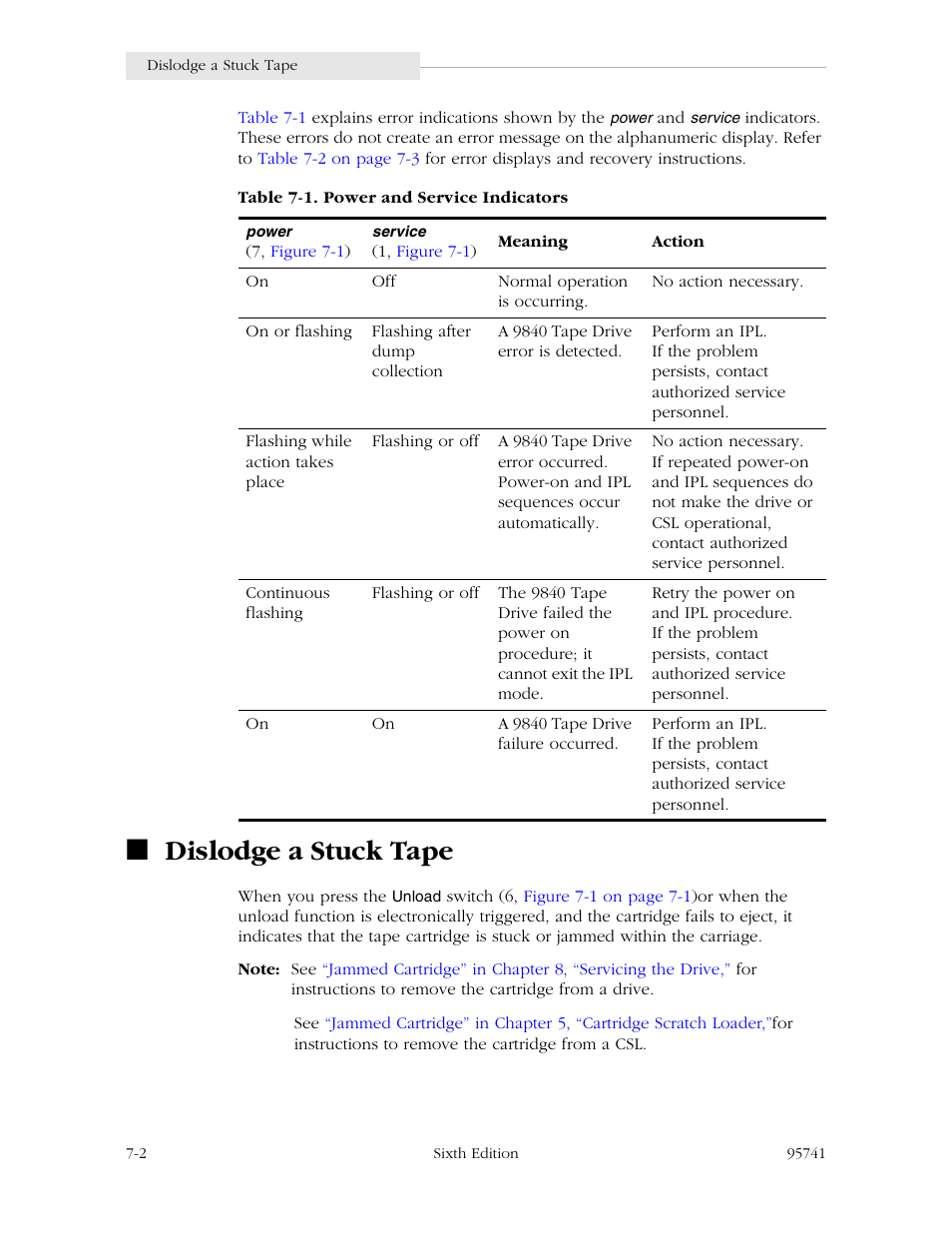 Dislodge a stuck tape, Dislodge a stuck tape -2, Table 7-1. power and service indicators -2 | StorageTek 9840 User Manual | Page 198 / 250