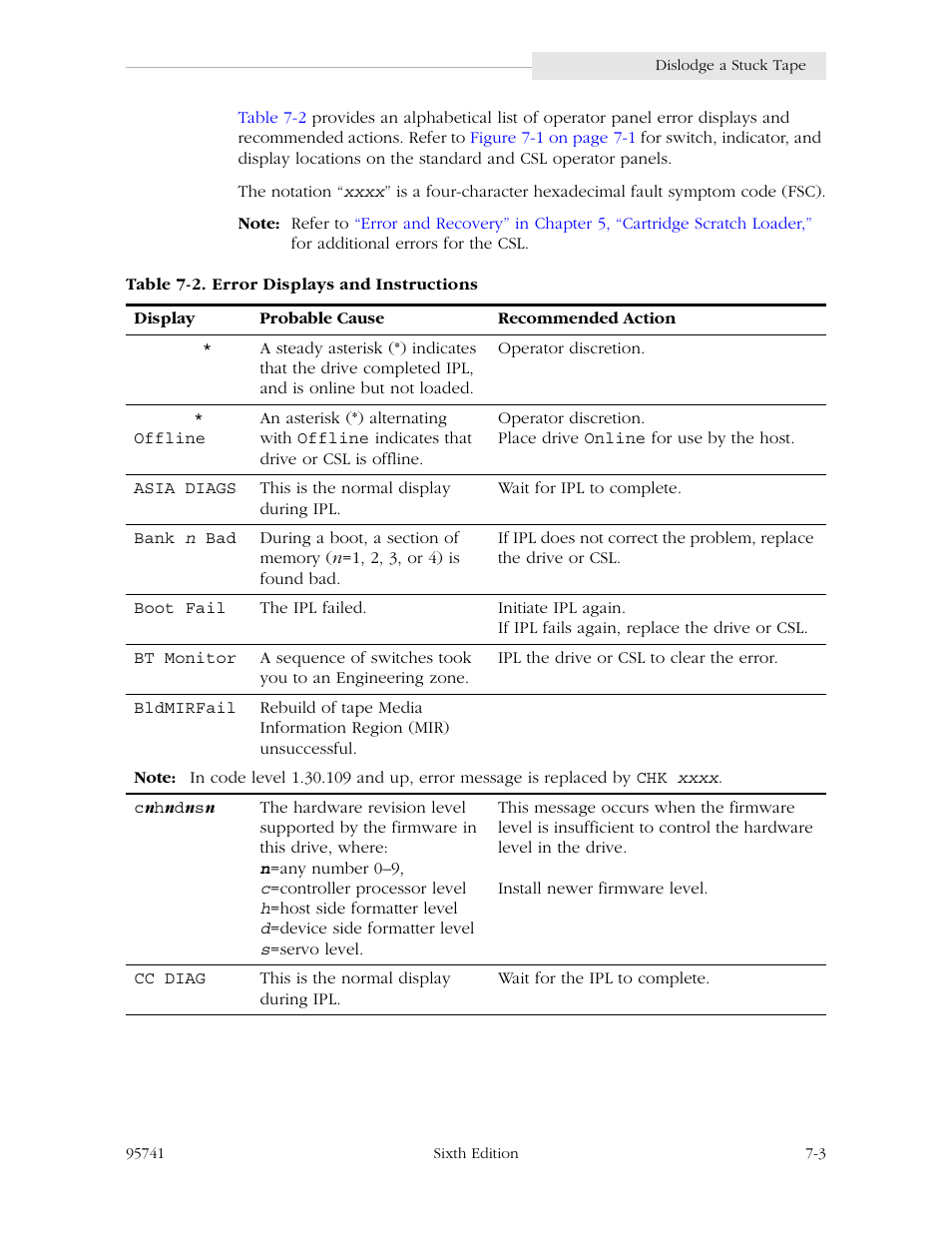 Table 7-2. error displays and instructions -3, Table 7-2 on, For error dis | StorageTek 9840 User Manual | Page 199 / 250