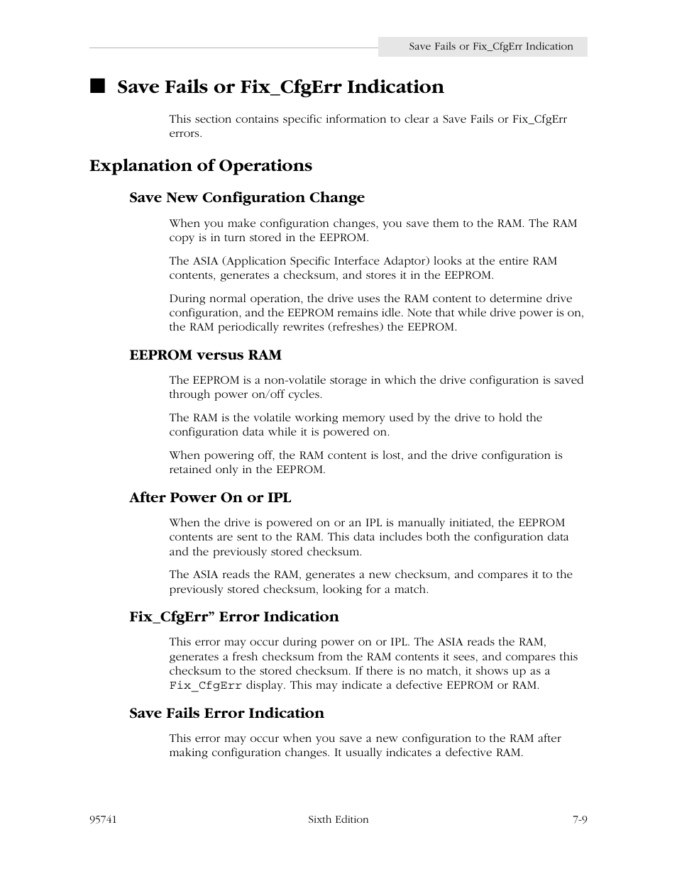 Save fails or fix_cfgerr indication, Explanation of operations, Save new configuration change | Eeprom versus ram, After power on or ipl, Fix_cfgerr” error indication, Save fails error indication, Save fails or fix_cfgerr indication -9, Explanation of operations -9, Save new configuration change -9 | StorageTek 9840 User Manual | Page 205 / 250
