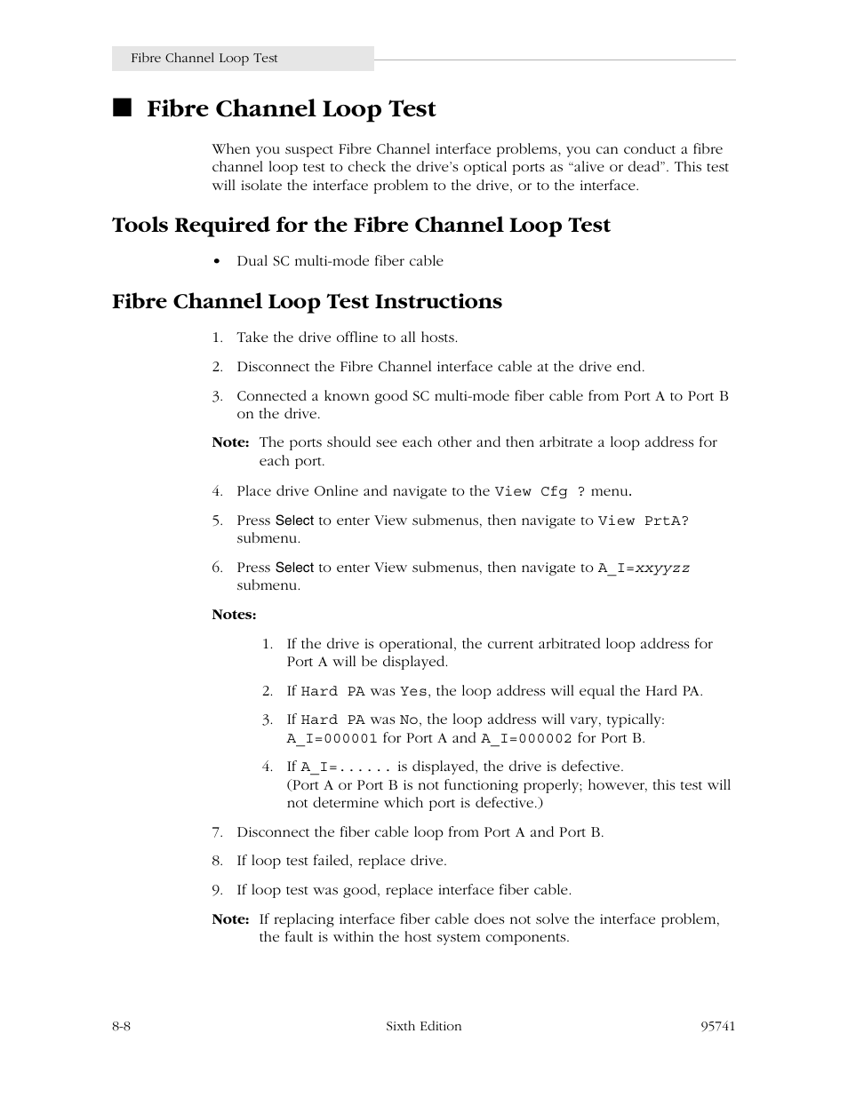 Fibre channel loop test, Tools required for the fibre channel loop test, Fibre channel loop test instructions | Fibre channel loop test -8 | StorageTek 9840 User Manual | Page 216 / 250