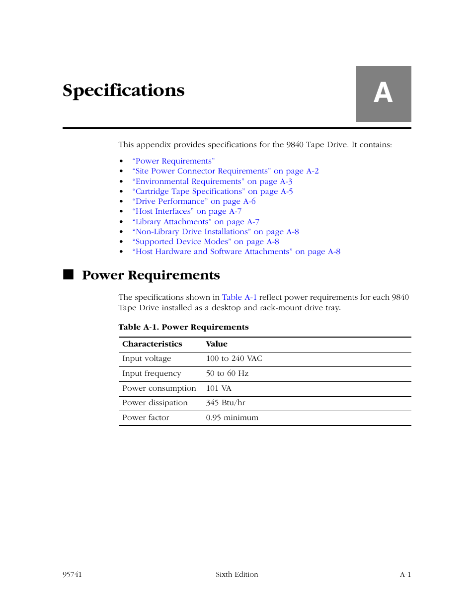 A: specifications, Power requirements, Specifications | StorageTek 9840 User Manual | Page 217 / 250
