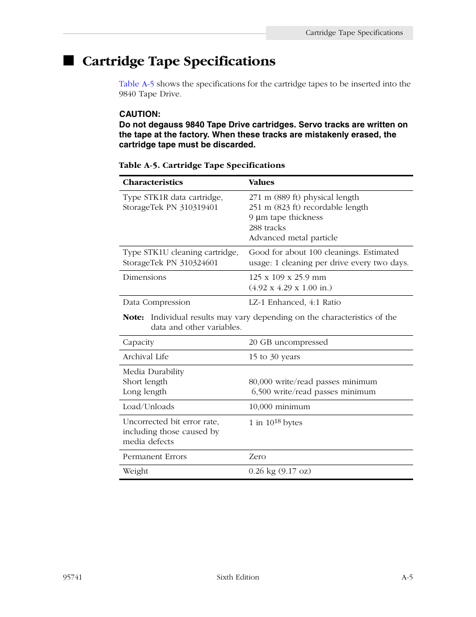 Cartridge tape specifications | StorageTek 9840 User Manual | Page 221 / 250