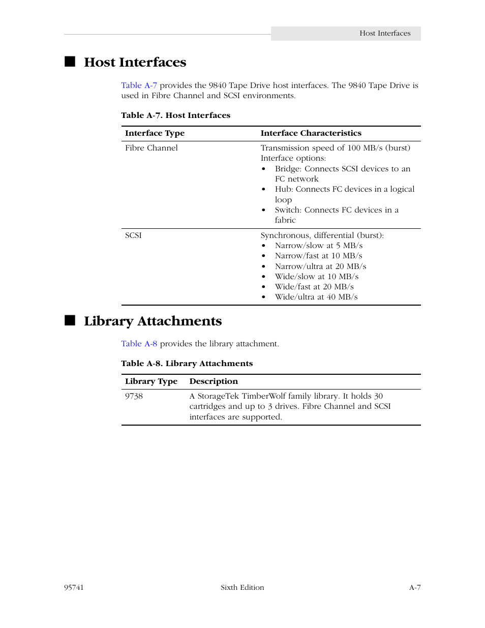 Host interfaces, Library attachments | StorageTek 9840 User Manual | Page 223 / 250