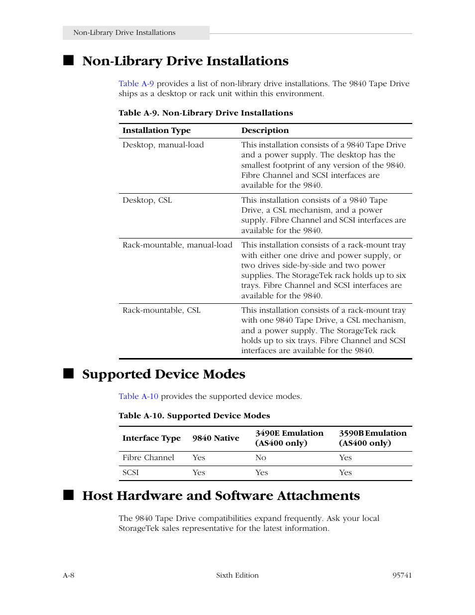 Non-library drive installations, Supported device modes, Host hardware and software attachments | StorageTek 9840 User Manual | Page 224 / 250