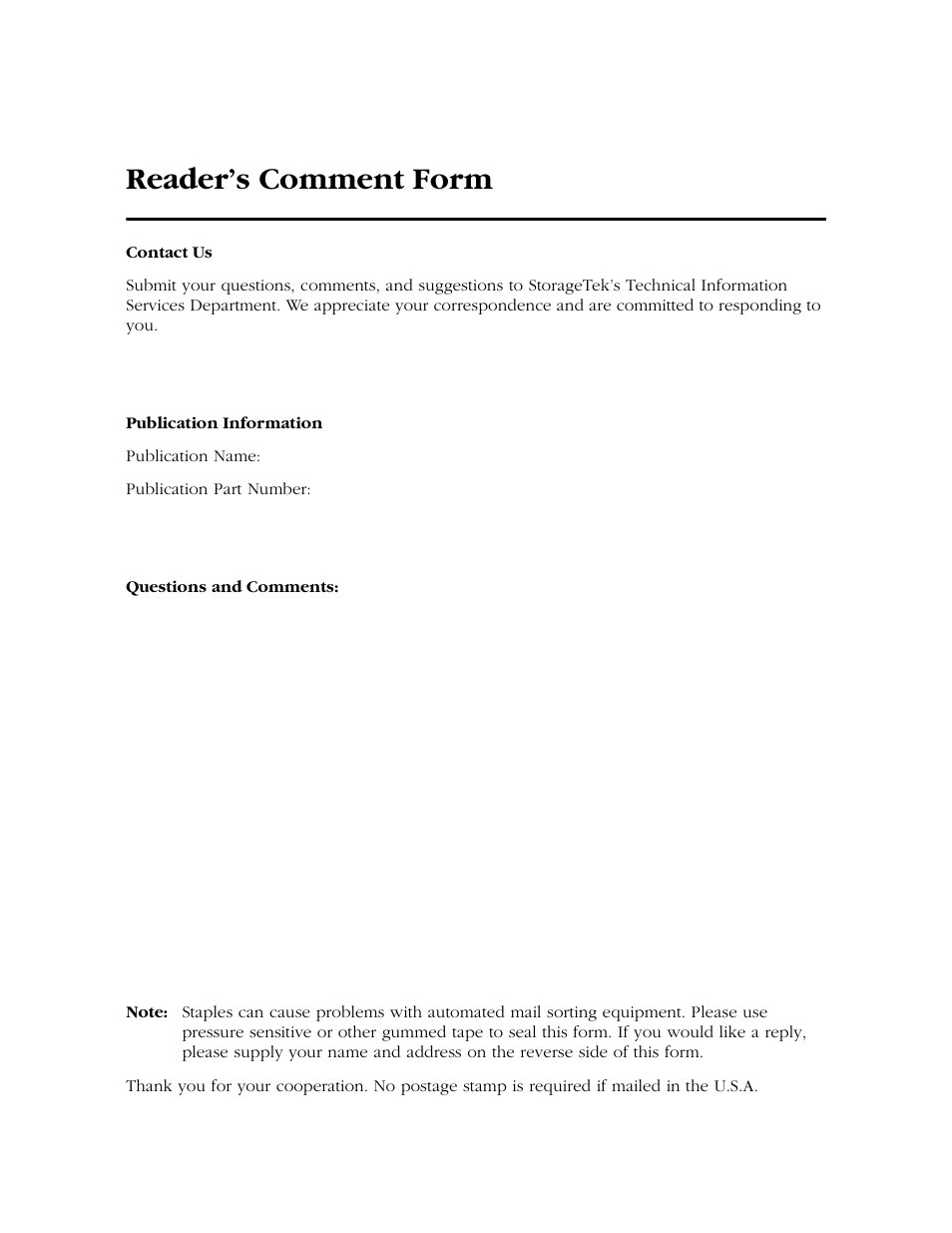 Reader’s comment form | StorageTek 9840 User Manual | Page 247 / 250
