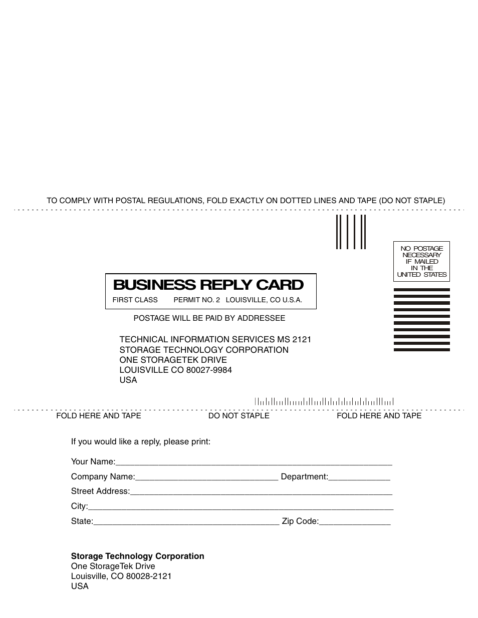 Business reply card | StorageTek 9840 User Manual | Page 248 / 250