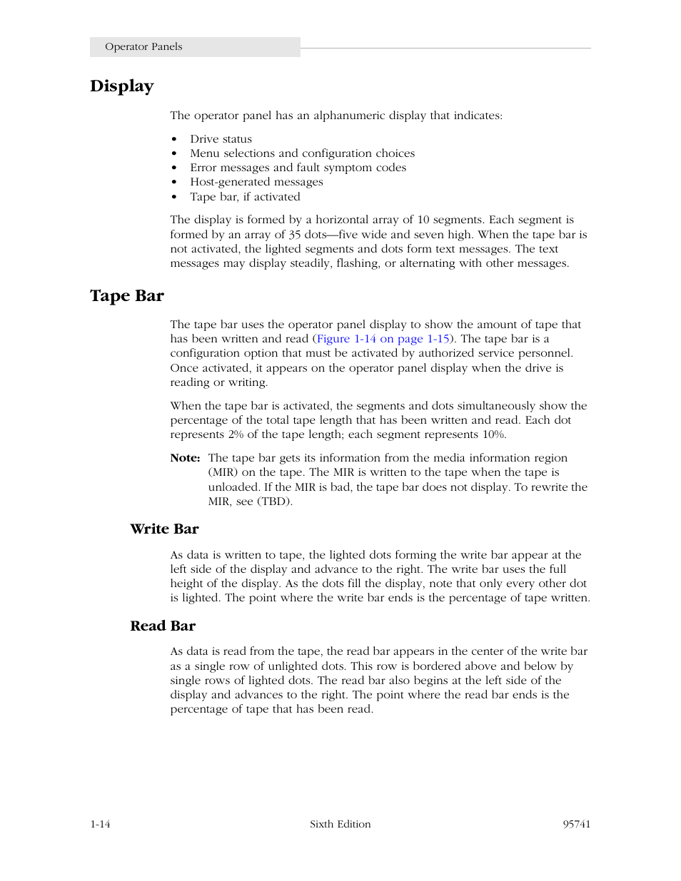 Display, Tape bar, Write bar | Read bar | StorageTek 9840 User Manual | Page 38 / 250