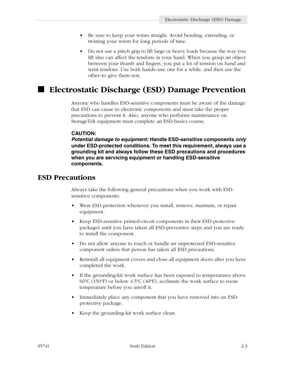 Electrostatic discharge (esd) damage prevention, Esd precautions, Electrostatic discharge (esd) damage prevention -3 | Esd precautions -3 | StorageTek 9840 User Manual | Page 45 / 250