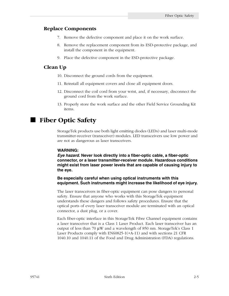 Replace components, Clean up, Fiber optic safety | Replace components -5 clean up -5, Fiber optic safety -5 | StorageTek 9840 User Manual | Page 47 / 250