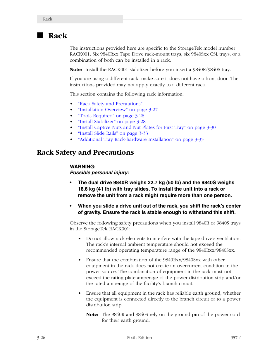 Rack, Rack safety and precautions, Rack -26 | Rack safety and precautions -26 | StorageTek 9840 User Manual | Page 76 / 250