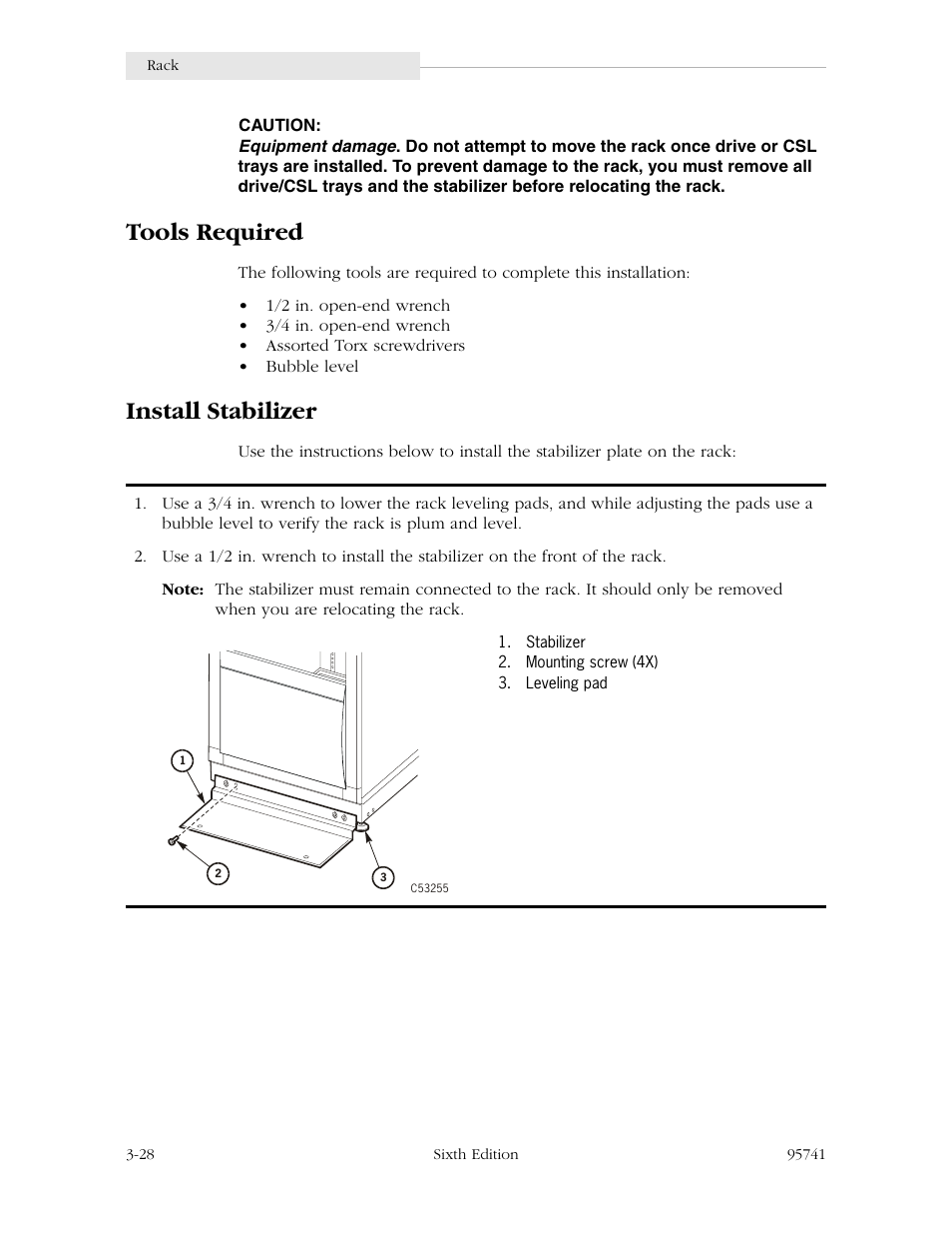 Tools required, Install stabilizer, Tools required -28 install stabilizer -28 | StorageTek 9840 User Manual | Page 78 / 250