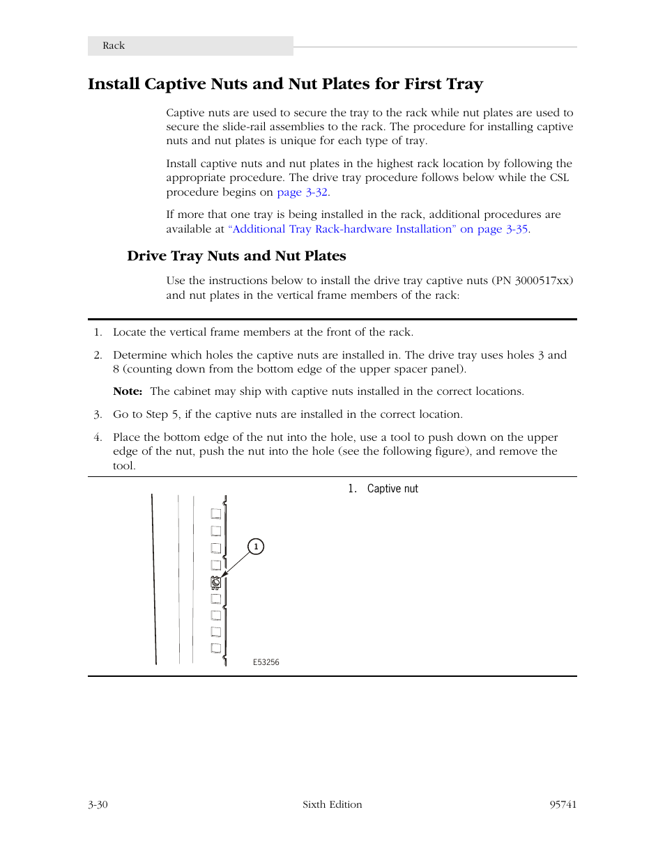 Install captive nuts and nut plates for first tray, Drive tray nuts and nut plates, Drive tray nuts and nut plates -30 | StorageTek 9840 User Manual | Page 80 / 250