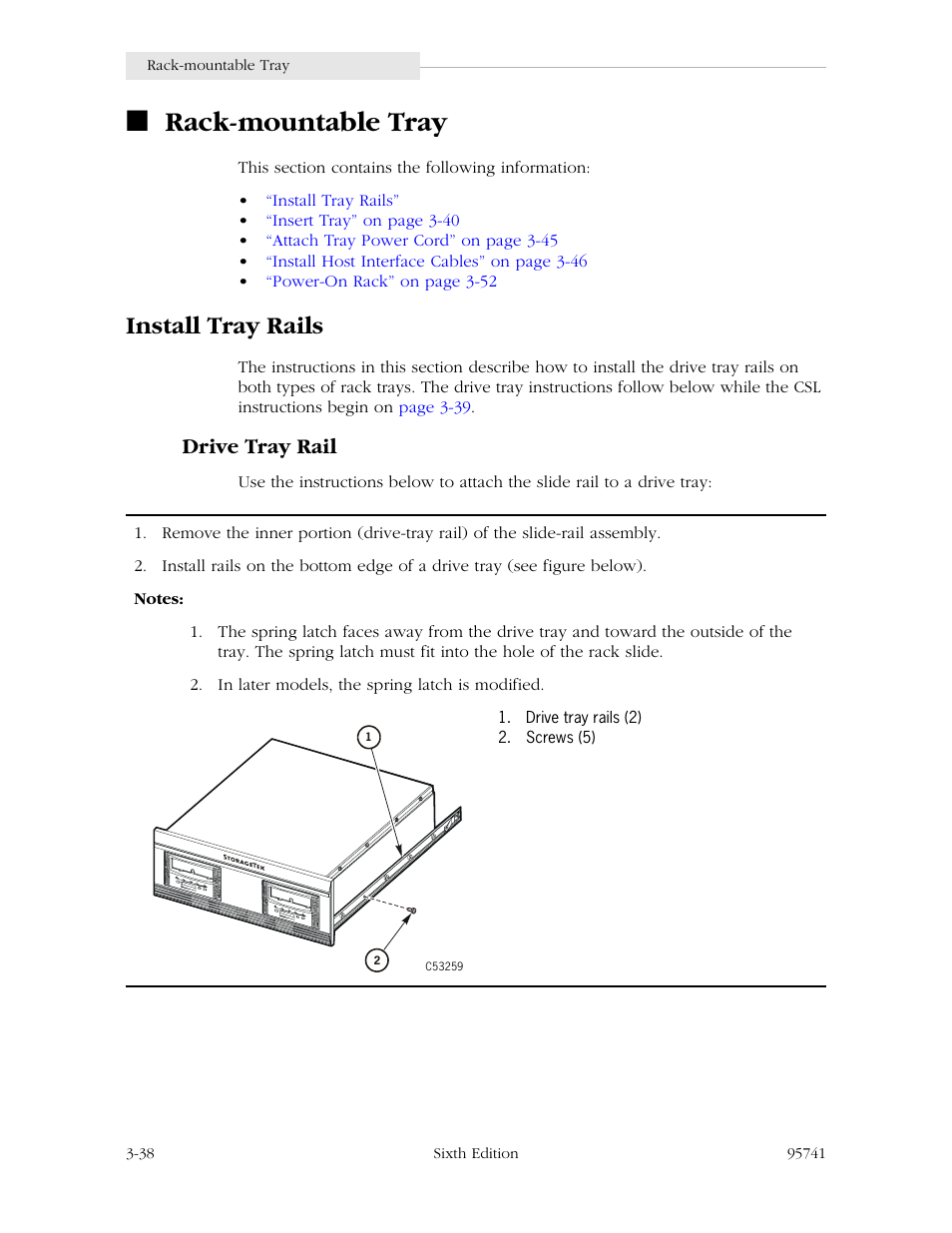 Rack-mountable tray, Install tray rails, Drive tray rail | Rack-mountable tray -38, Install tray rails -38, Drive tray rail -38 | StorageTek 9840 User Manual | Page 88 / 250