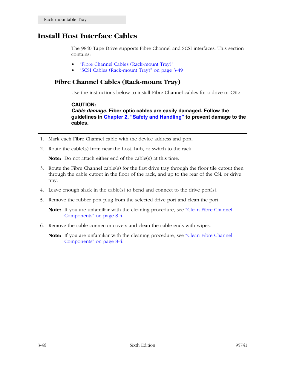 Install host interface cables, Fibre channel cables (rack-mount tray), Install host interface cables -46 | Fibre channel cables (rack-mount tray) -46 | StorageTek 9840 User Manual | Page 96 / 250