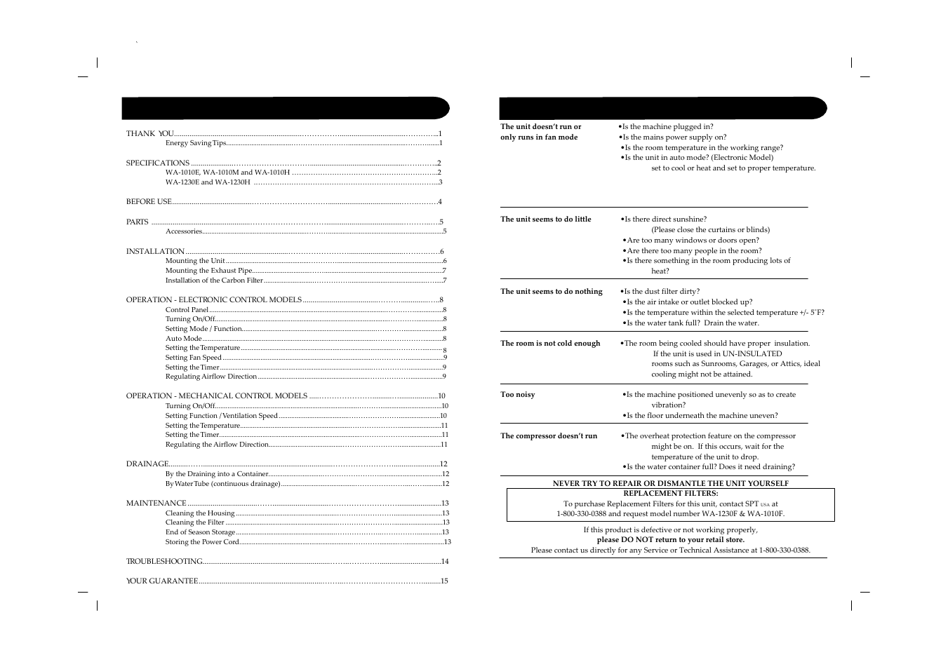 Table of contents troubleshooting | Sunpentown Intl WA-1230E User Manual | Page 9 / 9