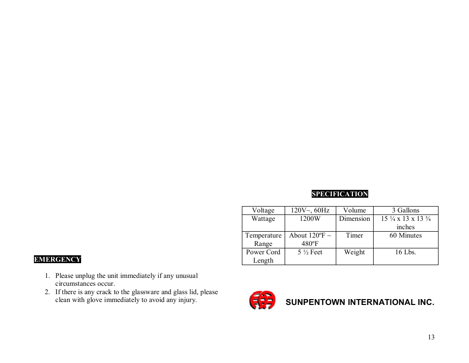 Sunpentown Intl SUPER TURBO OVEN SO-2000 User Manual | Page 13 / 13