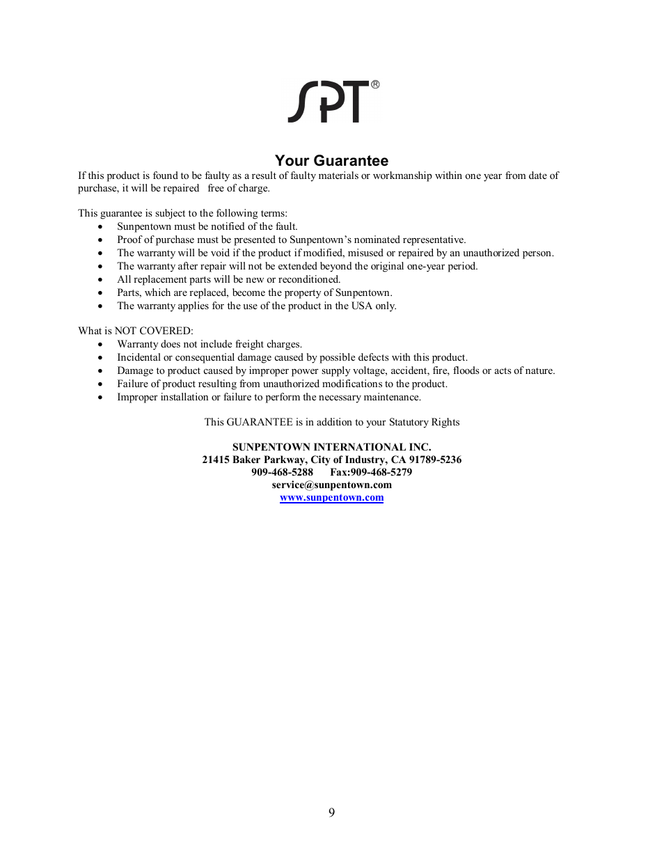 Your guarantee | Sunpentown Intl DEHUMIDIFIER SD 30E User Manual | Page 10 / 10