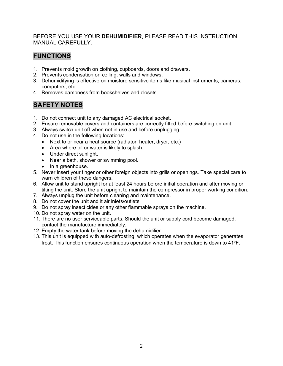 Functions | Sunpentown Intl DEHUMIDIFIER SD 30E User Manual | Page 3 / 10
