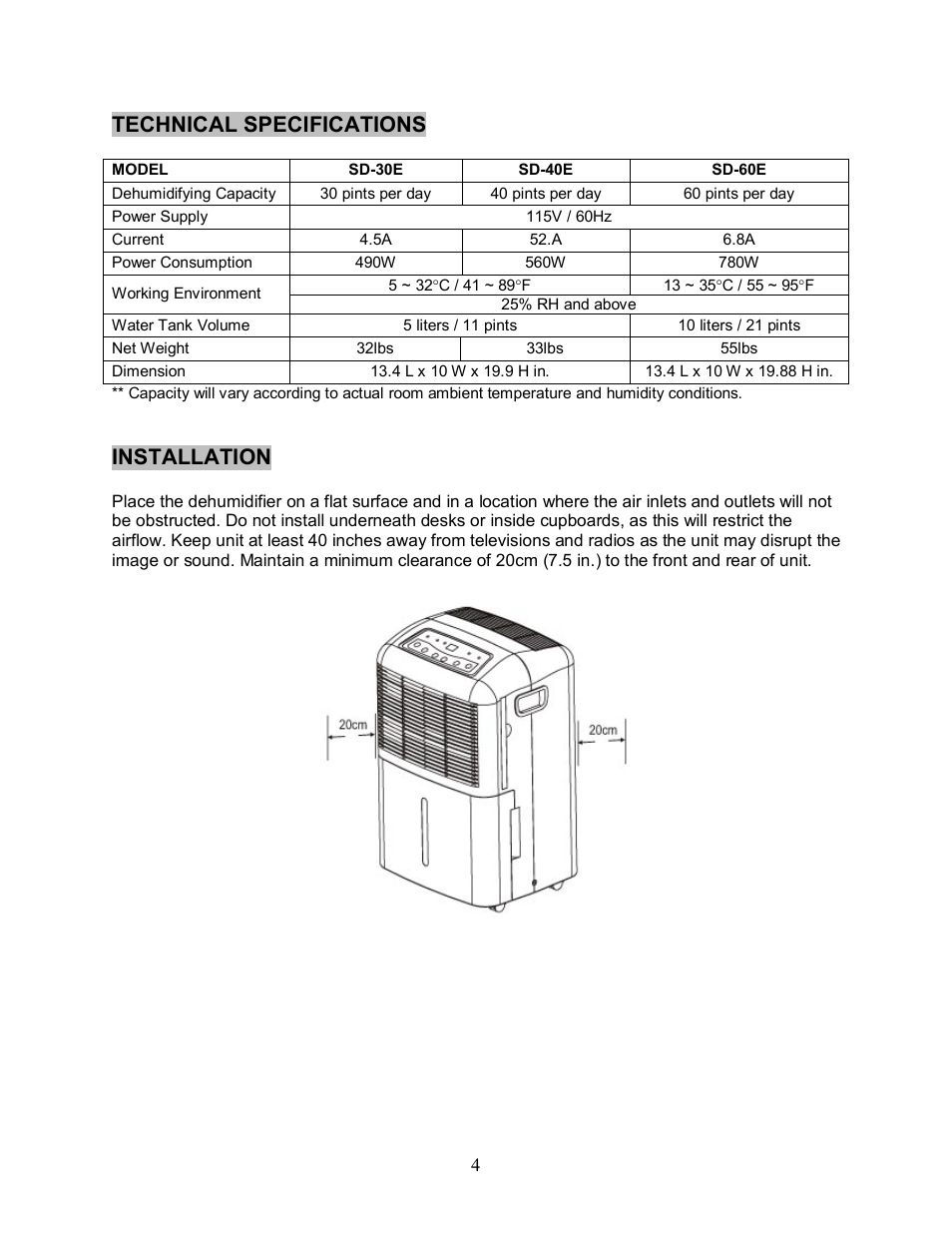 Technical specifications, Installation | Sunpentown Intl DEHUMIDIFIER SD 30E User Manual | Page 5 / 10