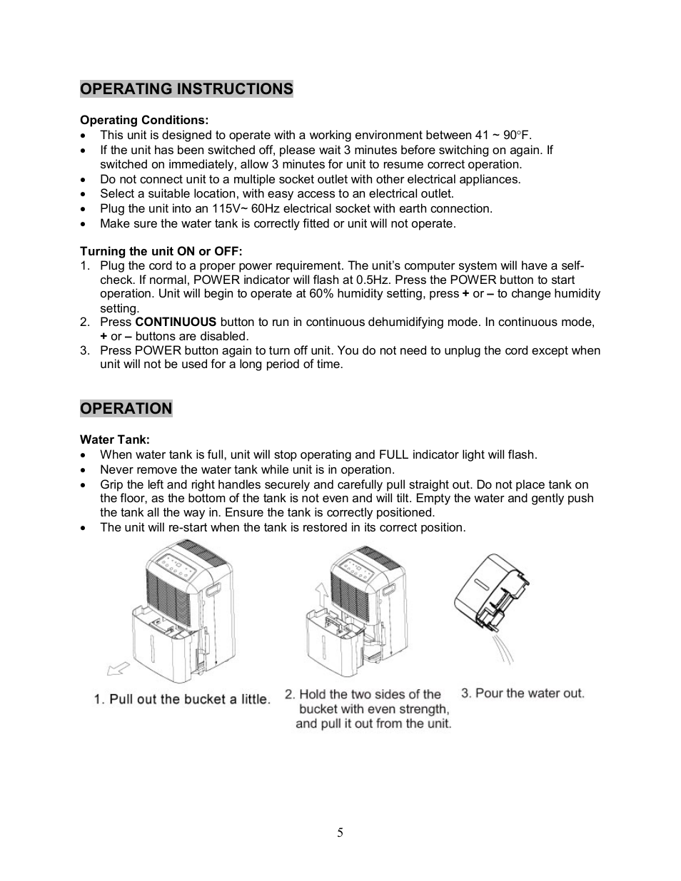 Operating instructions, Operation | Sunpentown Intl DEHUMIDIFIER SD 30E User Manual | Page 6 / 10