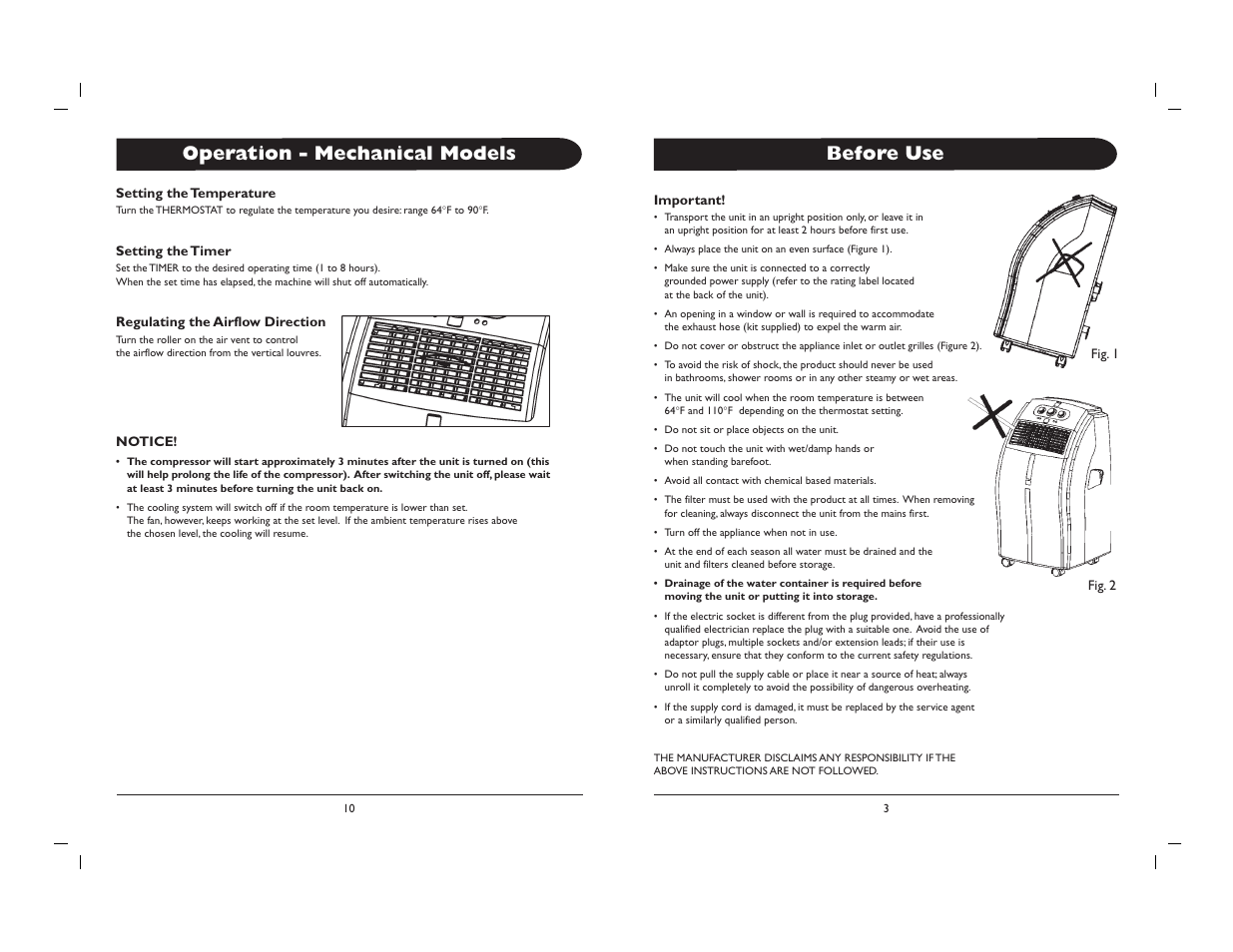 Before use, Operation - mechanical models | Sunpentown Intl WA-1010H User Manual | Page 3 / 8