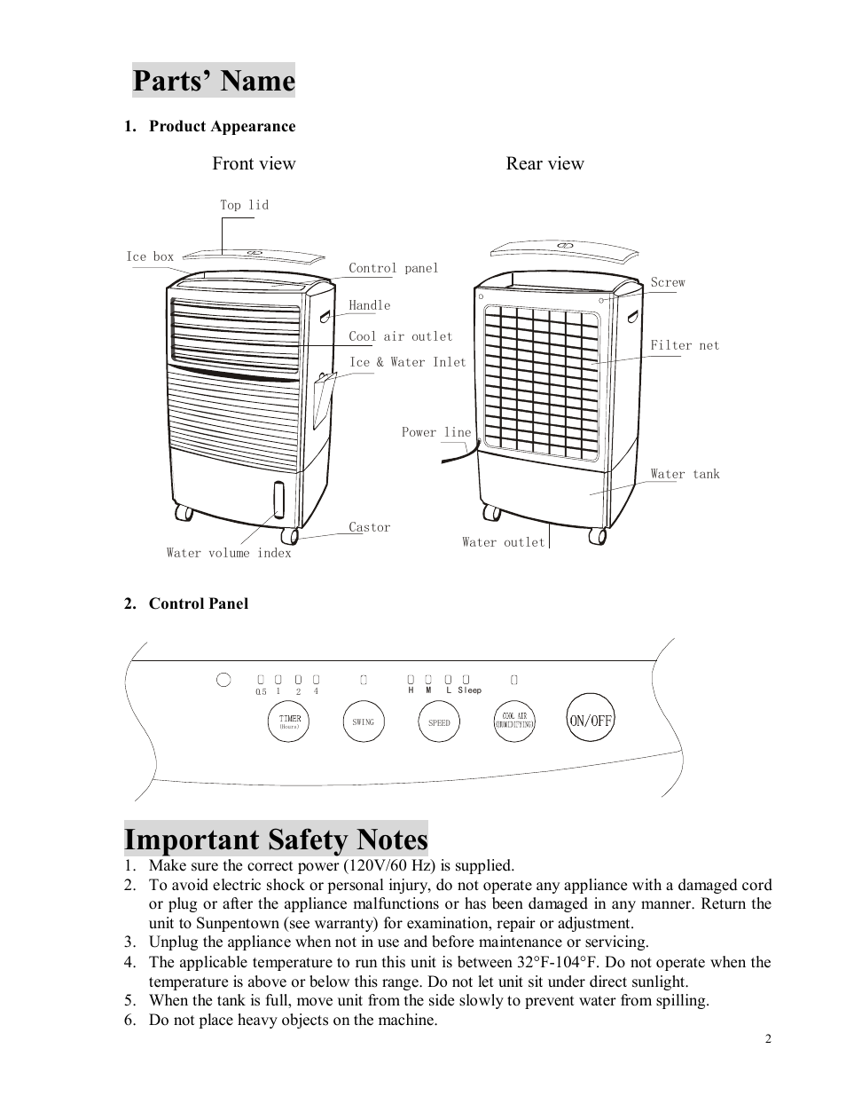 Parts’ name, Front view rear view | Sunpentown Intl sf 608r User Manual | Page 2 / 5