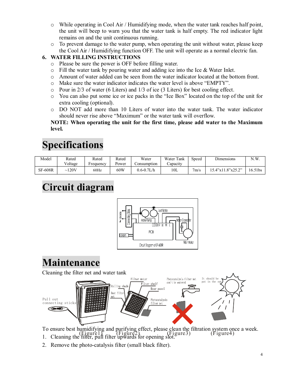 Specifications, Circuit diagram, Maintenance | Sunpentown Intl sf 608r User Manual | Page 4 / 5