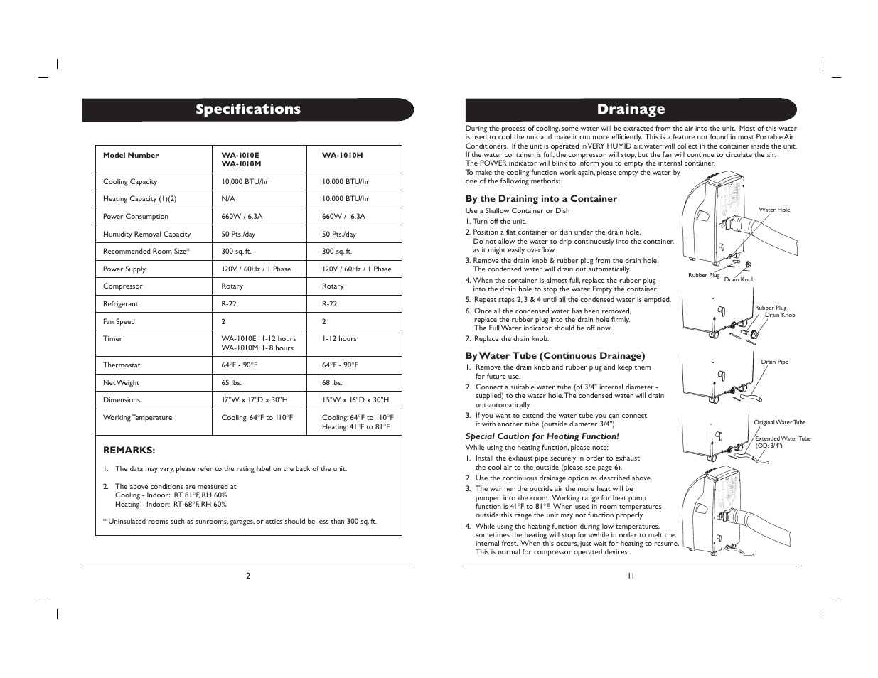 Specifications, Drainage | Sunpentown Intl WA-1010M User Manual | Page 7 / 8