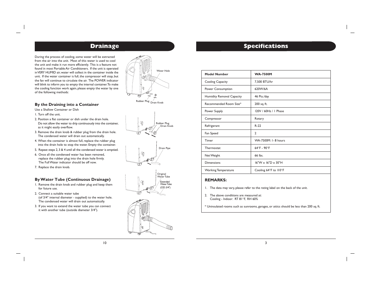 Specifications, Drainage | Sunpentown Intl WA-7500M User Manual | Page 3 / 8