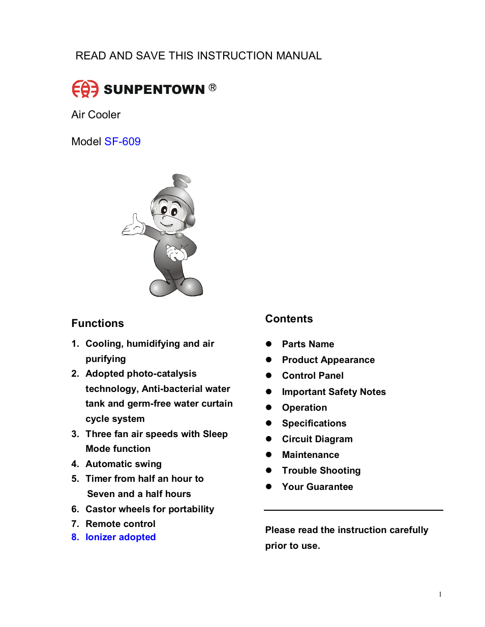 Sunpentown Intl Sunpentown Air Cooler SF-609 User Manual | 6 pages