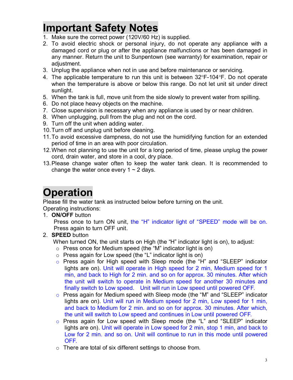 Operation | Sunpentown Intl Sunpentown Air Cooler SF-609 User Manual | Page 3 / 6