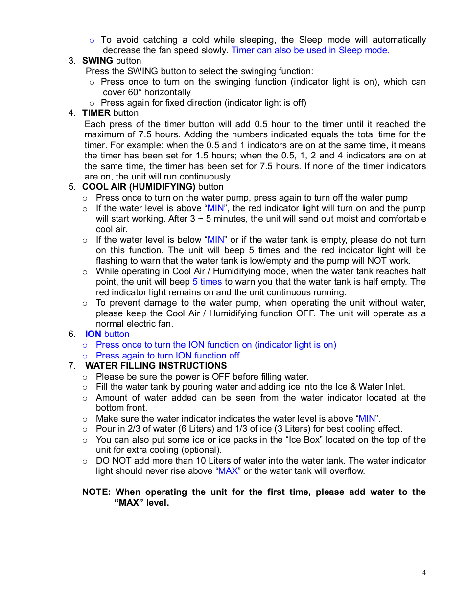 Sunpentown Intl Sunpentown Air Cooler SF-609 User Manual | Page 4 / 6