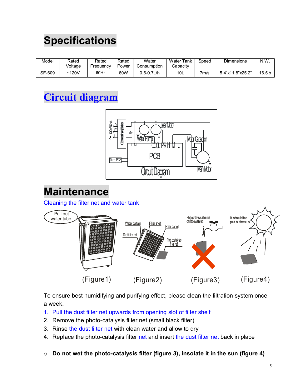 Specifications, Circuit diagram, Maintenance | Main motor leaf motor water pump, Motor capacitor coolf/rh m l, Figure1) (figure2) (figure3) (figure4) | Sunpentown Intl Sunpentown Air Cooler SF-609 User Manual | Page 5 / 6