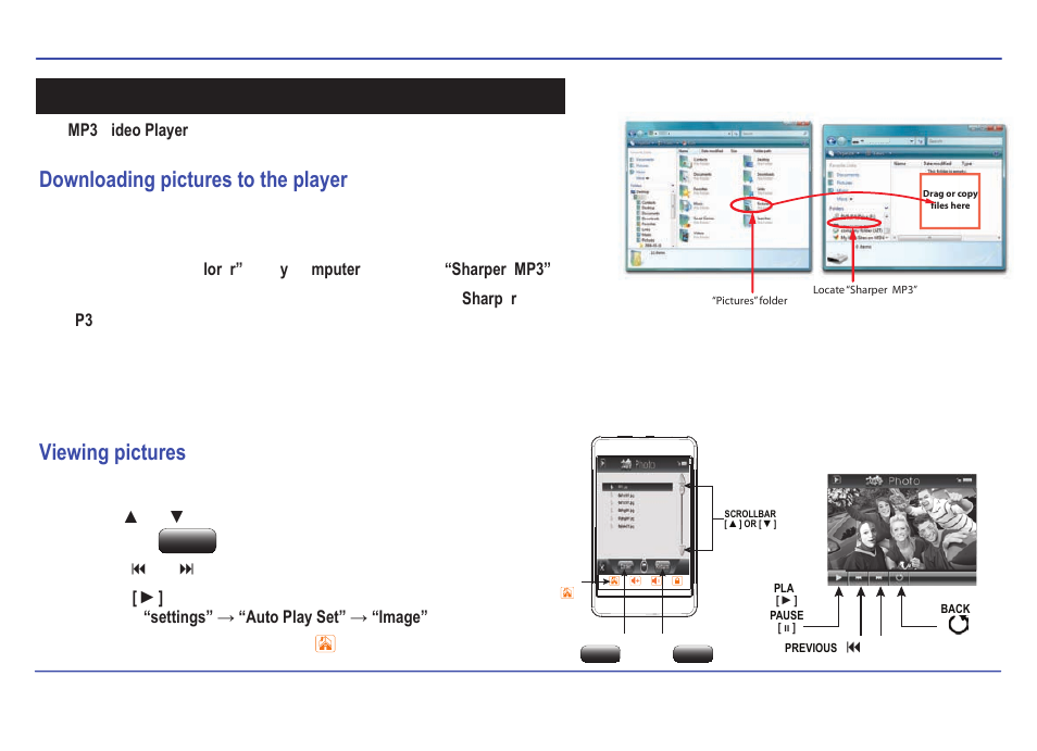 Photos, Downloading pictures to the player, Viewing pictures | Southern Telecom SMP558-8 User Manual | Page 22 / 35