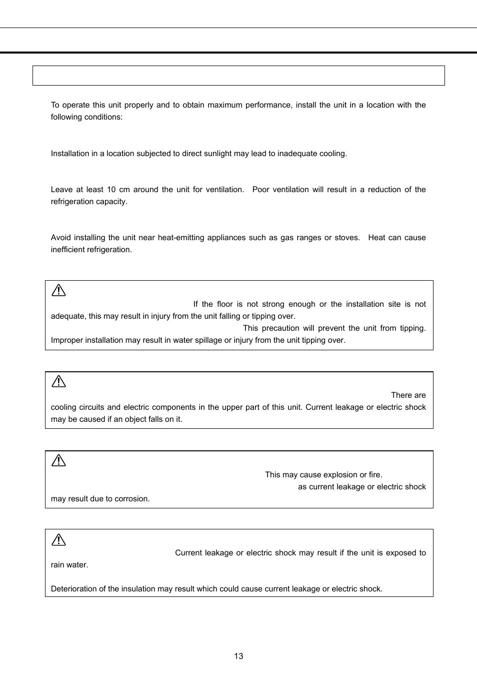 Installation, Installation site, Warning | Caution | Sanyo MBR-1404GR User Manual | Page 14 / 26