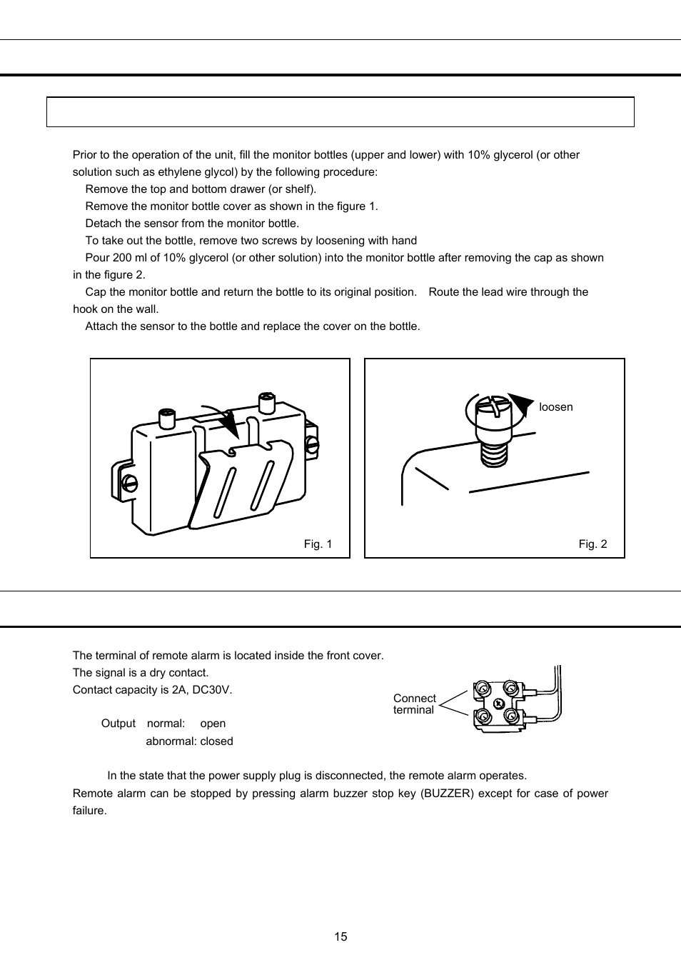 Before commencing operation, Remote alarm terminal, Preparation of monitor bottle | Sanyo MBR-1404GR User Manual | Page 16 / 26
