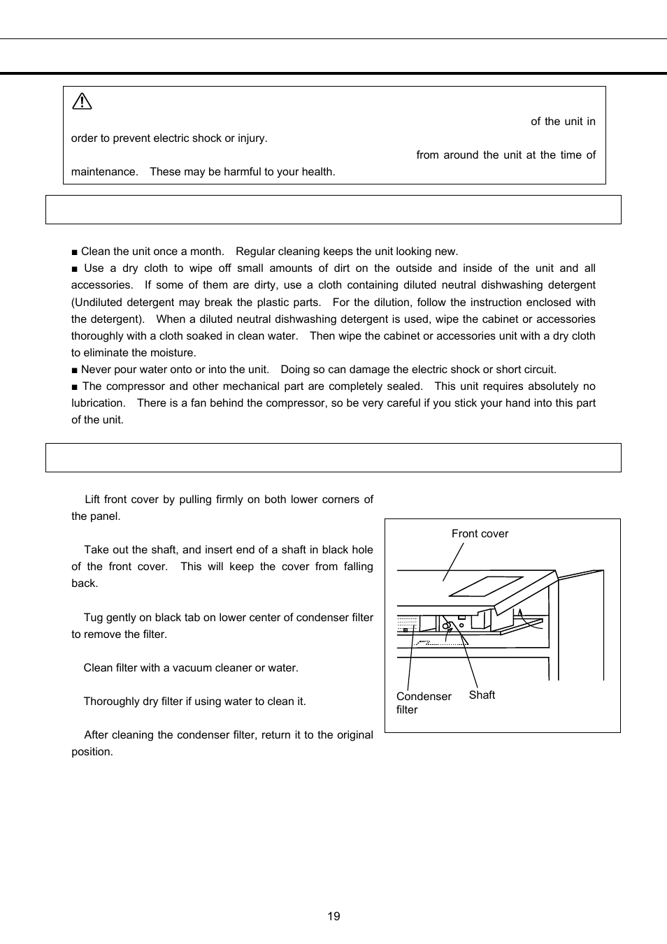 Routine maintenance, Cleaning of cabinet, Cleaning of condenser filter | Warning | Sanyo MBR-1404GR User Manual | Page 20 / 26