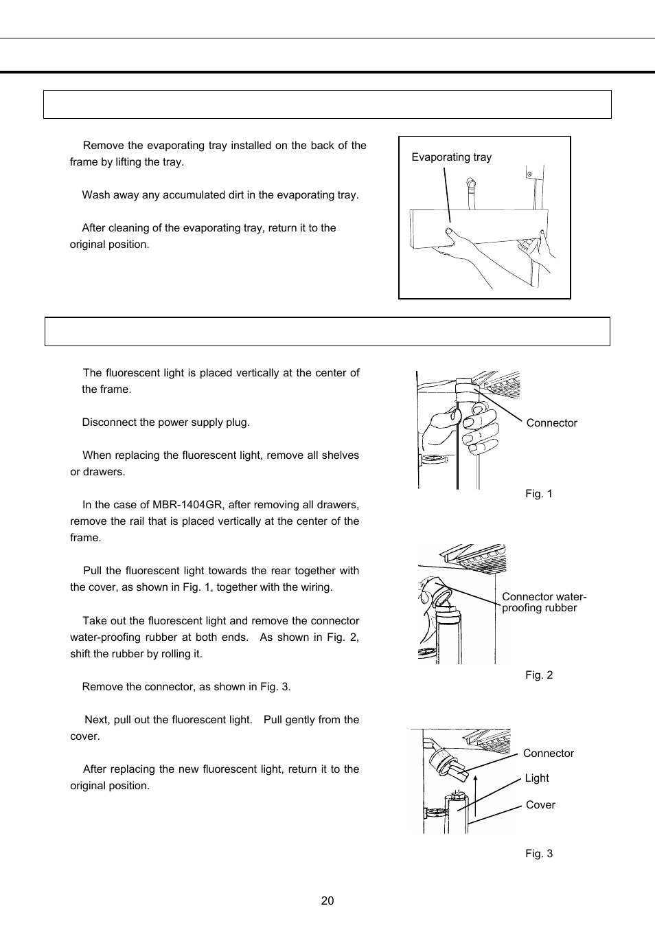 Routine maintenance, Cleaning of evaporating tray, Replacement of fluorescent light | Sanyo MBR-1404GR User Manual | Page 21 / 26