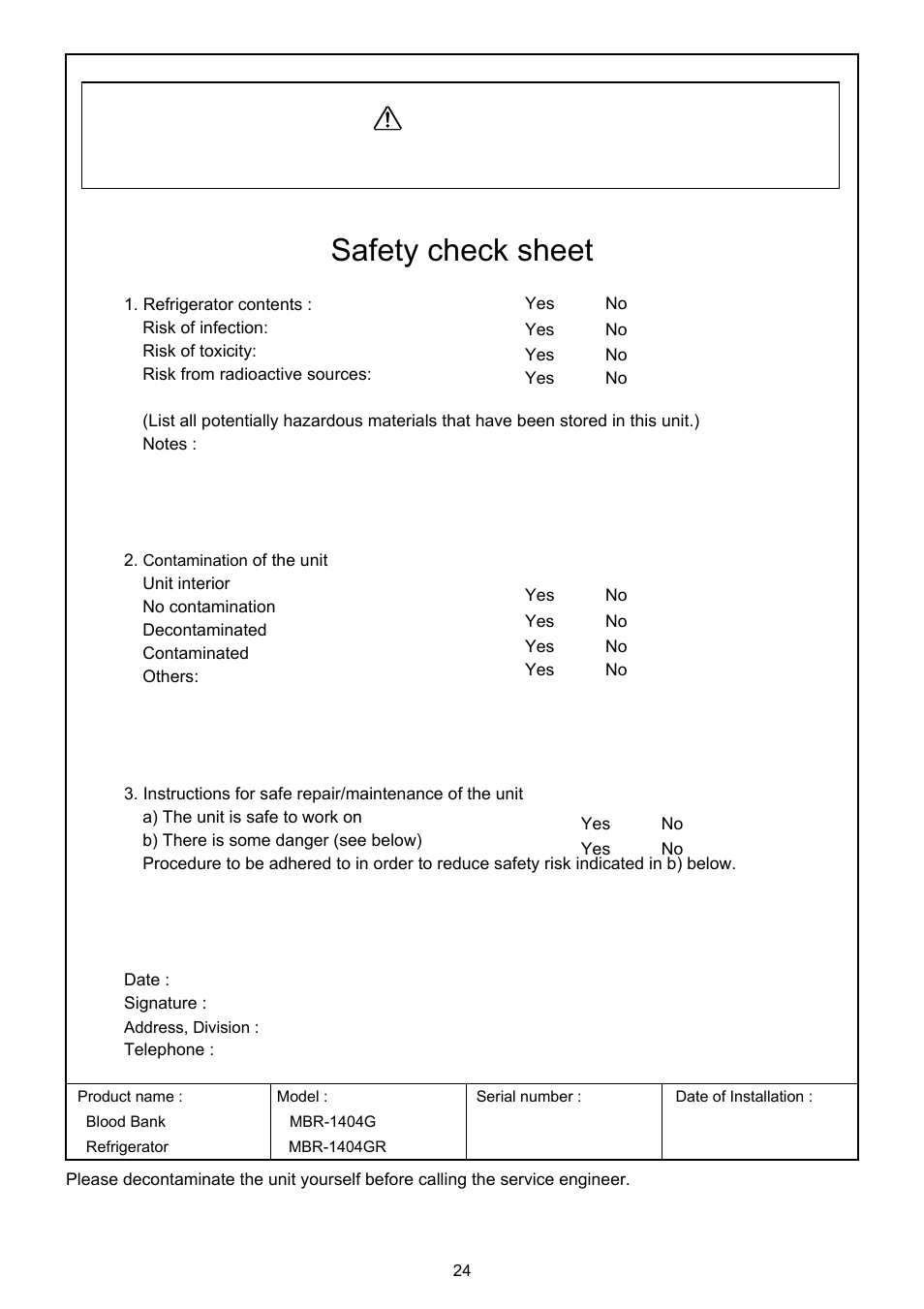 Caution, Safety check sheet | Sanyo MBR-1404GR User Manual | Page 25 / 26