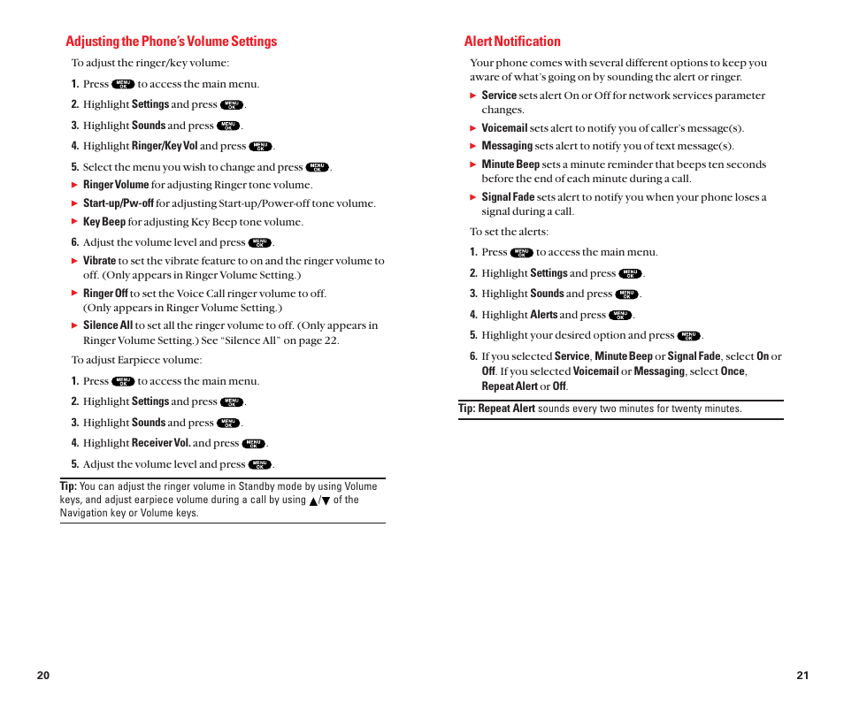 Alert notification, Adjusting the phone’s volume settings | Sanyo Scp 8100 User Manual | Page 15 / 71