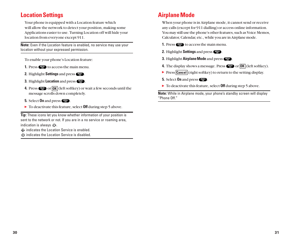 Airplane mode, Location settings | Sanyo Scp 8100 User Manual | Page 20 / 71