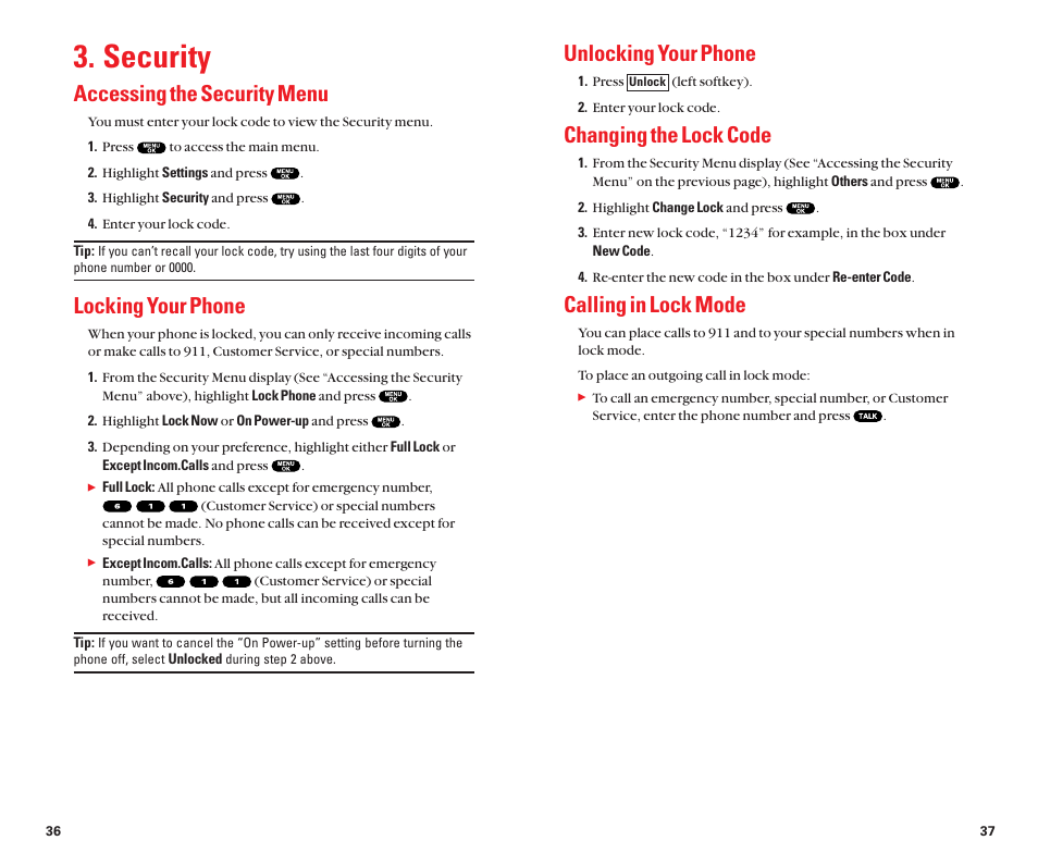 Security, Unlocking your phone, Changing the lock code | Calling in lock mode, Accessing the security menu, Locking your phone | Sanyo Scp 8100 User Manual | Page 23 / 71