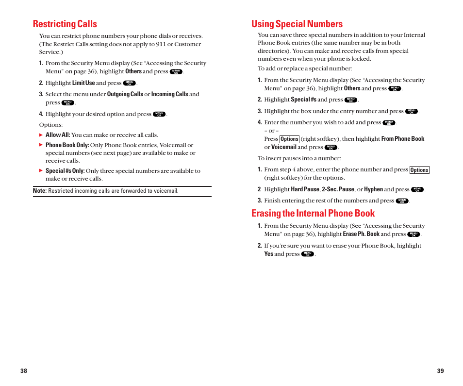 Using special numbers, Erasing the internal phone book, Restricting calls | Sanyo Scp 8100 User Manual | Page 24 / 71